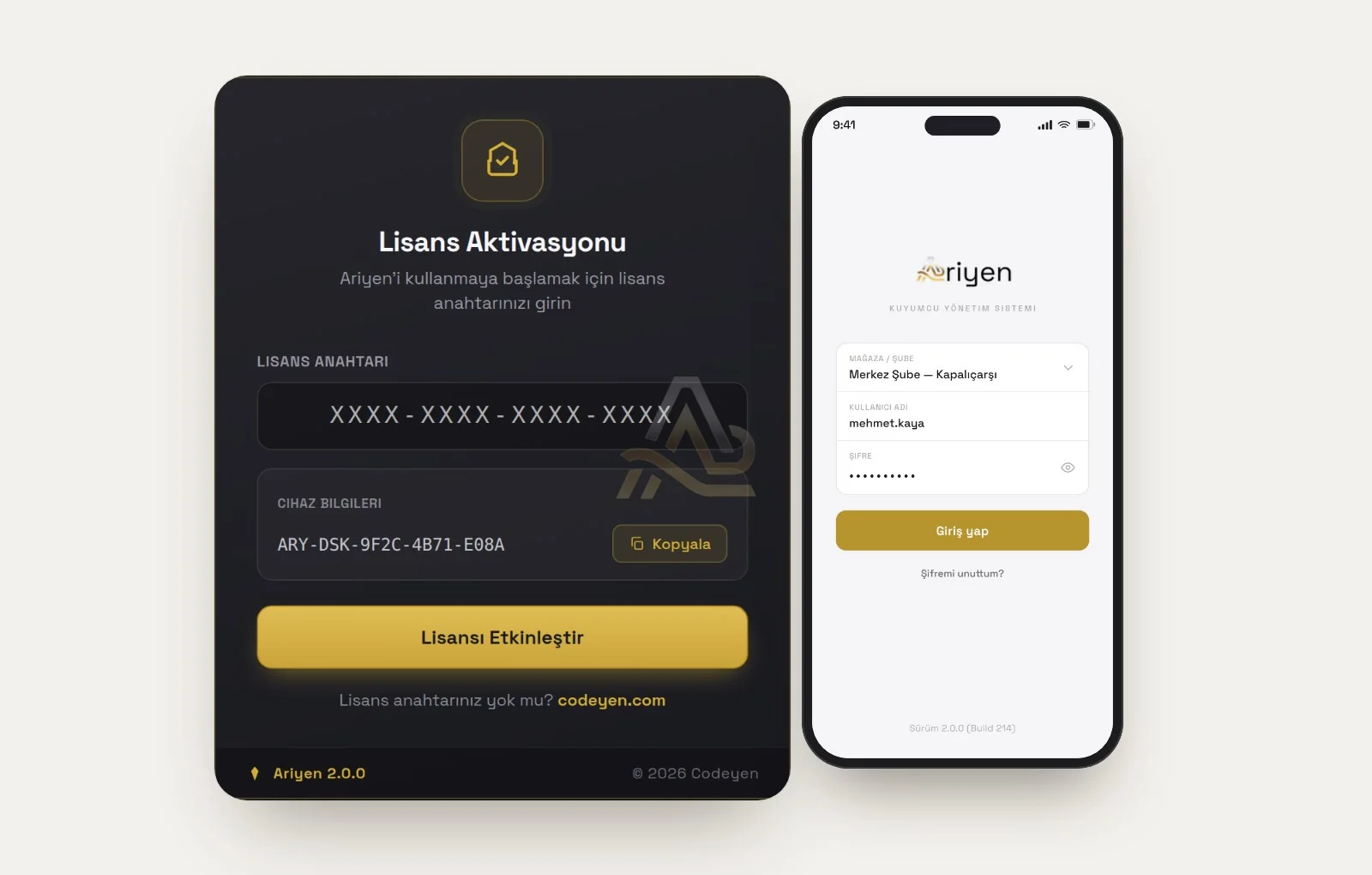 Ariyen lisans aktivasyonu ve Ariyen Mobile giriş ekranı