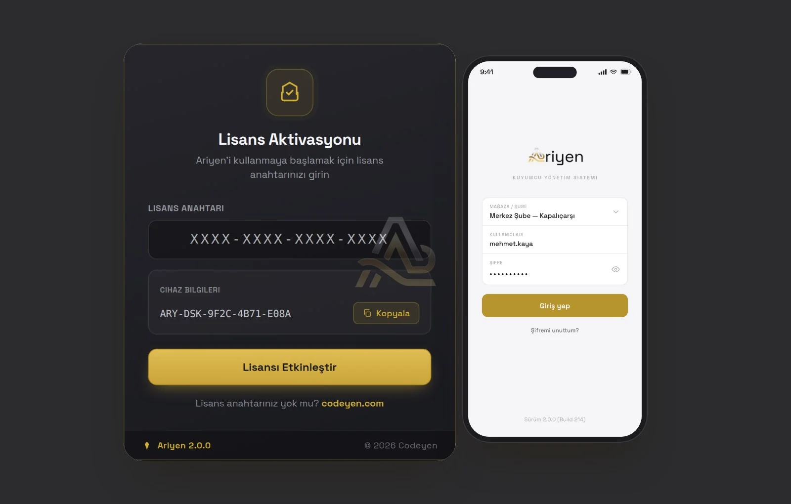 Ariyen lisans aktivasyonu ve Ariyen Mobile giriş ekranı